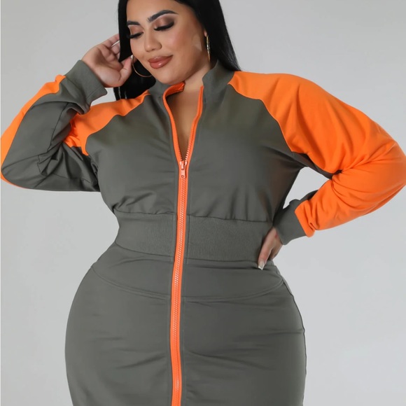 Olive green orange long sleeve mini dress zip up drawstring - Picture 6 of 9